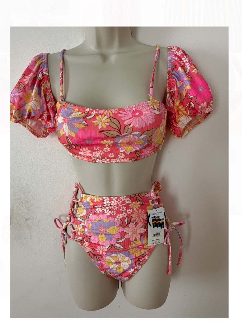 No Boundaries Pink Floral Puff-Sleeve High-Waist Bikini